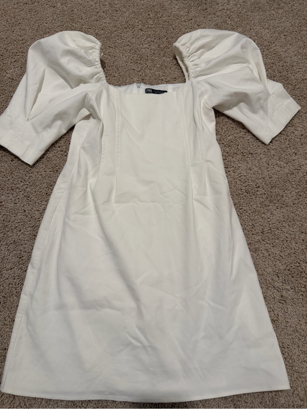ZARA Cream Square-Neck Puff Sleeve Mini Dress